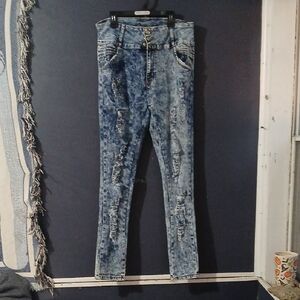 GUC Benava Acid Wash Distressed Embellished Stretchy Skinny Jeans Size 15